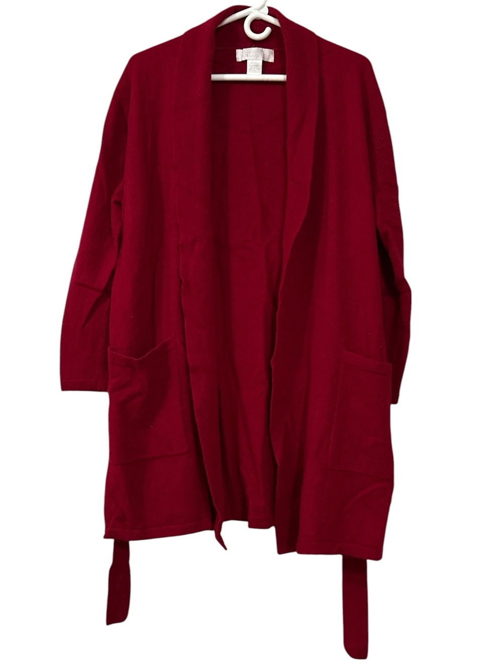 Women's Cashmere Open-Front Robe in Deep Red with Belt